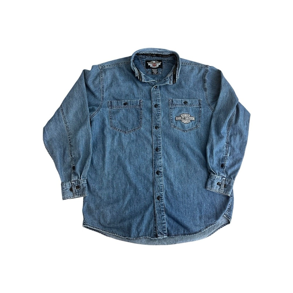 Harley-Davidson Men's Blue Denim Shirt V-Twin Power Embroidered Mens M